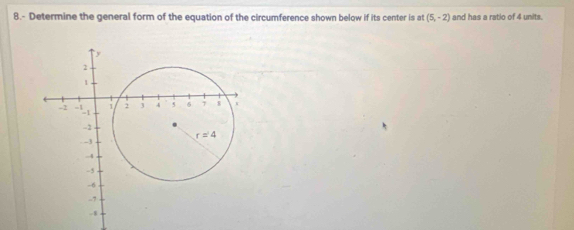 8.- Determine the general form of the equation of the circumference shown below if its center is at (5,-2) and has a ratio of 4 units.