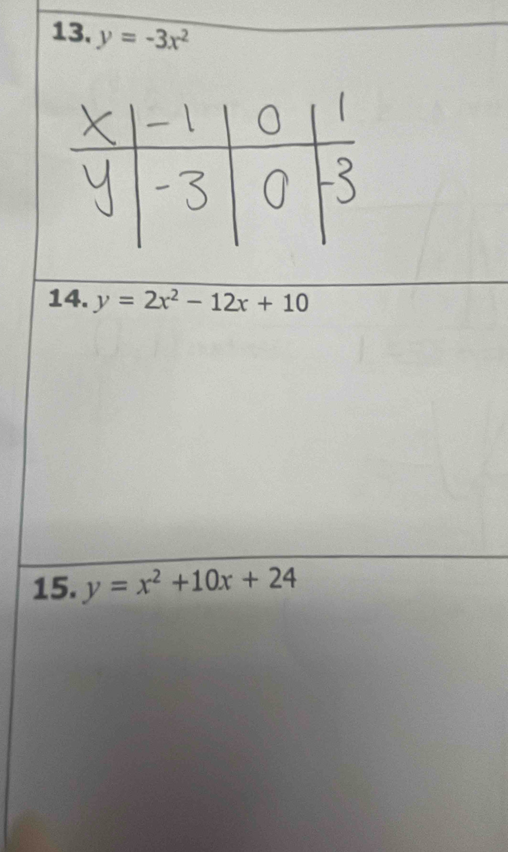 y=-3x^2
14. y=2x^2-12x+10
15. y=x^2+10x+24