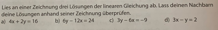 Lies an einer Zeichnung drei Lösungen der linearen Gleichung ab. Lass deinen Nachbarn
deine Lösungen anhand seiner Zeichnung überprüfen.
a) 4x+2y=16 b) 6y-12x=24 c) 3y-6x=-9 d) 3x-y=2