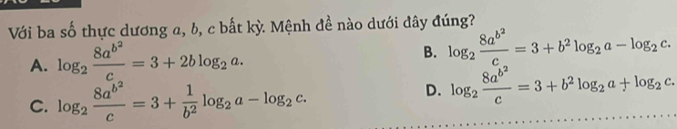 Với ba số thực dương a, b, c bất kỳ Mệnh đề nào dưới đây đúng?
A. log _2frac 8a^(b^2)c=3+2blog _2a. B. log _2frac 8a^(b^2)c=3+b^2log _2a-log _2c.
C. log _2frac 8a^(b^2)c=3+ 1/b^2 log _2a-log _2c.
D. log _2frac 8a^(b^2)c=3+b^2log _2a+log _2c.