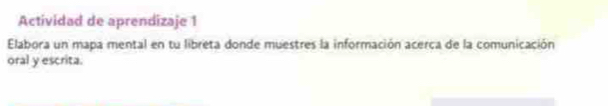 Actividad de aprendizaje 1 
Elabora un mapa mental en tu libreta donde muestres la información acerca de la comunicación 
oral y escrita.