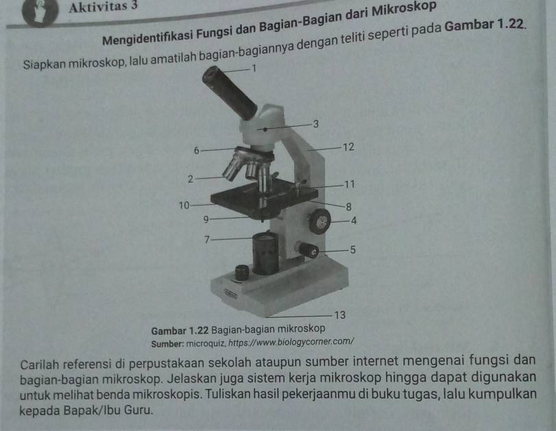 Aktivitas 3 
Mengidentifikasi Fungsi dan Bagian-Bagian dari Mikroskop 
Siapkan mikroskop, lalu amh bagian-bagiannya dengan teliti seperti pada Gambar 1.22. 
Gambar 1.22 Bagian-bagian mikroskop 
Sumber: microquiz, https://www.biologycorner.com/ 
Carilah referensi di perpustakaan sekolah ataupun sumber internet mengenai fungsi dan 
bagian-bagian mikroskop. Jelaskan juga sistem kerja mikroskop hingga dapat digunakan 
untuk melihat benda mikroskopis. Tuliskan hasil pekerjaanmu di buku tugas, lalu kumpulkan 
kepada Bapak/Ibu Guru.