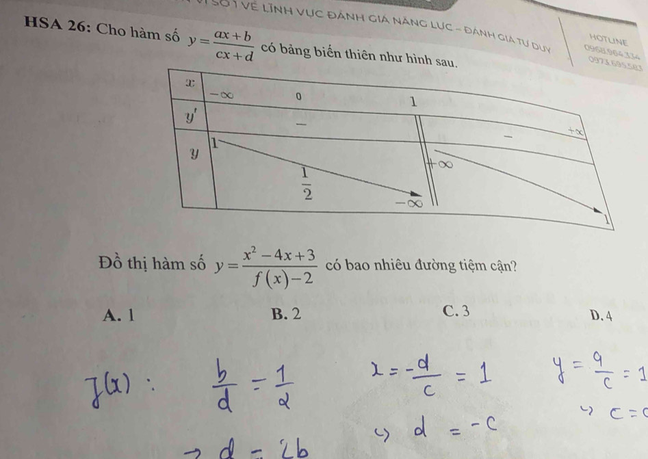 Về lĩnh vục đánh giá năng lực - đánh gia tư duy 0968.964,334 0973
HOTLINE
HSA 26: Cho hàm số y= (ax+b)/cx+d  có bảng biến thiên như hình 
Đồ thị hàm số y= (x^2-4x+3)/f(x)-2  có bao nhiêu đường tiệm cận?
A. 1 B. 2 C. 3 D. 4