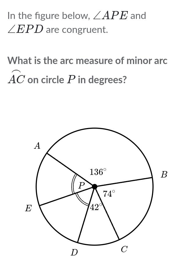 In the figure below, ∠ APE and
∠ EPD are congruent.
What is the arc measure of minor arc
widehat AC on circle P in degrees?