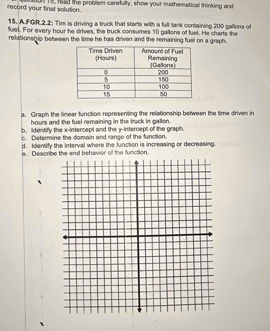 uestion 15, read the problem carefully, show your mathematical thinking and 
record your final solution. 
15. A.FGR.2.2: Tim is driving a truck that starts with a full tank containing 200 gallons of 
fuel. For every hour he drives, the truck consumes 10 gallons of fuel. He charts the 
relationship between the time he has driven and the remaining fuel on a graph. 
a. Graph the linear function representing the relationship between the time driven in
hours and the fuel remaining in the truck in gallon. 
b. Identify the x-intercept and the y-intercept of the graph. 
c. Determine the domain and range of the function. 
d. Identify the interval where the function is increasing or decreasing. 
e. Describe the end behavior of the function.