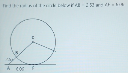 Find the radius of the circle below if AB=2.53 and AF=6.06