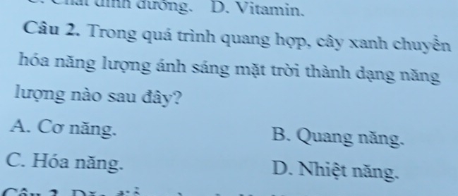 đình đướng. D. Vitamin.
Câu 2. Trong quá trình quang hợp, cây xanh chuyển
hóa năng lượng ánh sáng mặt trời thành dạng năng
lượng nào sau đây?
A. Cơ năng. B. Quang năng.
C. Hóa năng. D. Nhiệt năng.