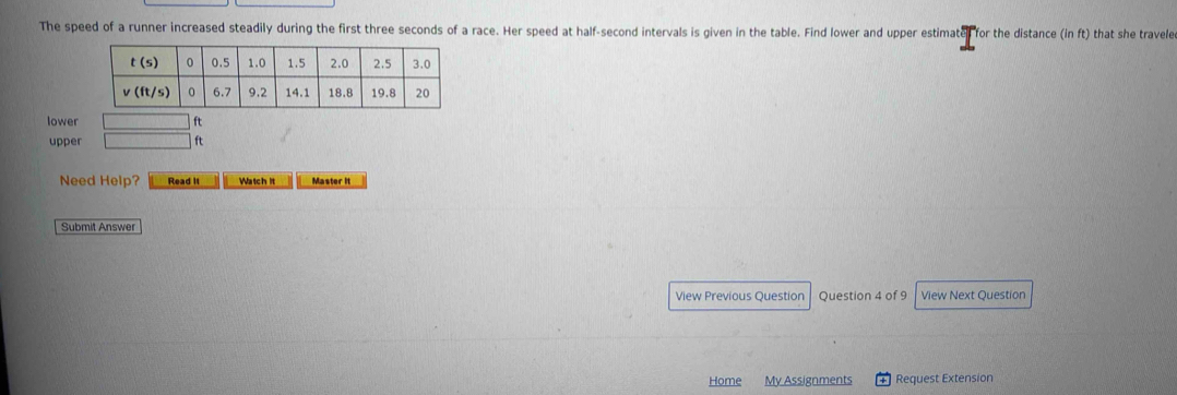 The speed of a runner increased steadily during the first three seconds of a race. Her speed at half-second intervals is given in the table. Find lower and upper estimated for the distance (inft) that she travele
lower ft
upper ft
Need Help? Read it Watch It Master it
Submit Answer
View Previous Question Question 4 of 9 View Next Question
Home My Assignments Request Extension