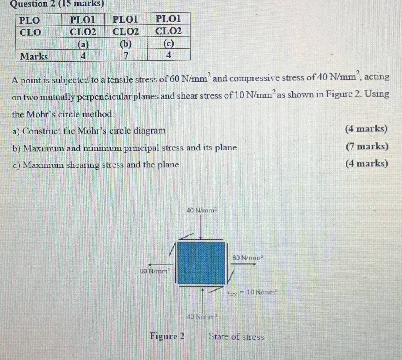 A point is subjected to a tensile stress of 60N/mm^2 and compressive stress of 40N/mm^2 , acting
on two mutually perpendicular planes and shear stress of 10N/mm^2 as shown in Figure 2. Using
the Mohr’s circle method:
a) Construct the Mohr’s circle diagram (4 marks)
b) Maximum and minimum principal stress and its plane (7 marks)
c) Maximum shearing stress and the plane (4 marks)
Figure 2 State of stress