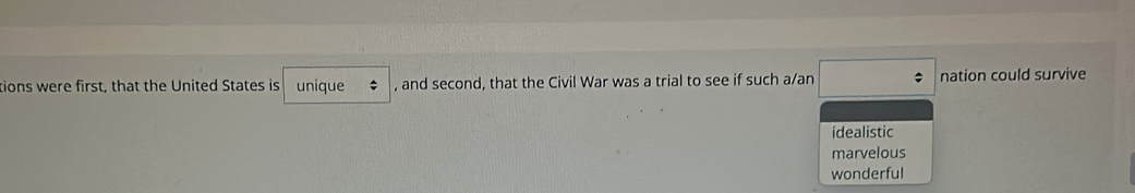 tions were first, that the United States is unique * , and second, that the Civil War was a trial to see if such a/an □  nation could survive
idealistic
marvelous
wonderful