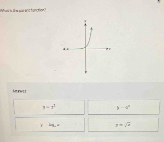 What is the parent function?
Answer
y=x^2
y=a^x
y=log _ax
y=sqrt[3](x)