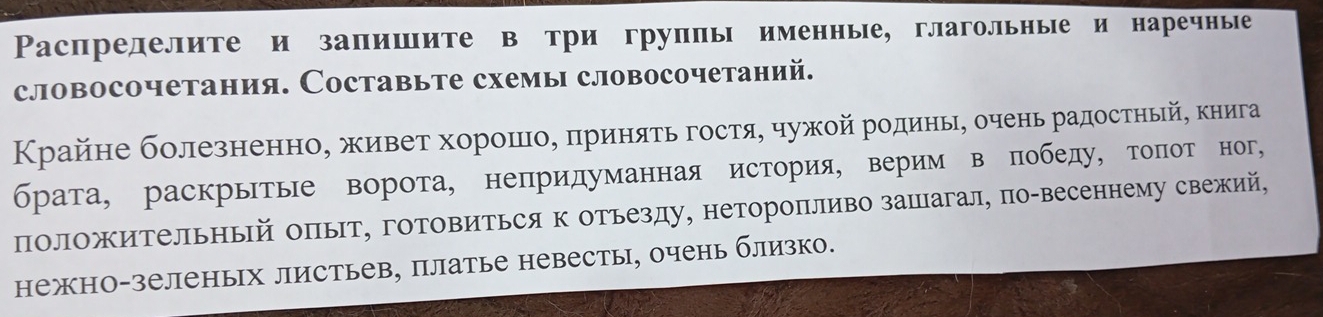 Распрелелите и запишите в три группы именнье, глагольные и наречнье 
словосочетания. Составьте схемы словосочетаний. 
Κрайне болезненноη живет хорошоΒ πринδяτьгостяΒ чужой родиньιΒ очень радостηьй, книга 
брата, раскрытые ворота, непридуманная история, верим вπобеду, тоπот ног, 
Πоложительный оπыт, готовиться к отьезду, нетороπливо зашагал, по-весеннему свежий, 
нежно-зеленых листьев, платье невесты, очень близко.