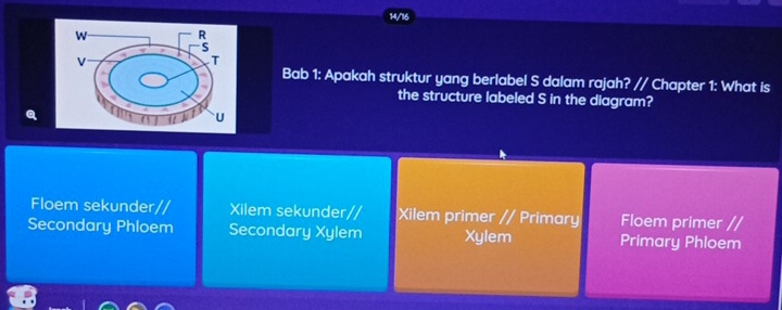 14/16
Bab 1: Apakah struktur yang berlabel S dalam rajah? // Chapter 1: What is
the structure labeled S in the diagram?
Q
Floem sekunder// Xilem sekunder// Xilem primer // Primary Floem primer //
Secondary Phloem Secondary Xylem Xylem Primary Phloem