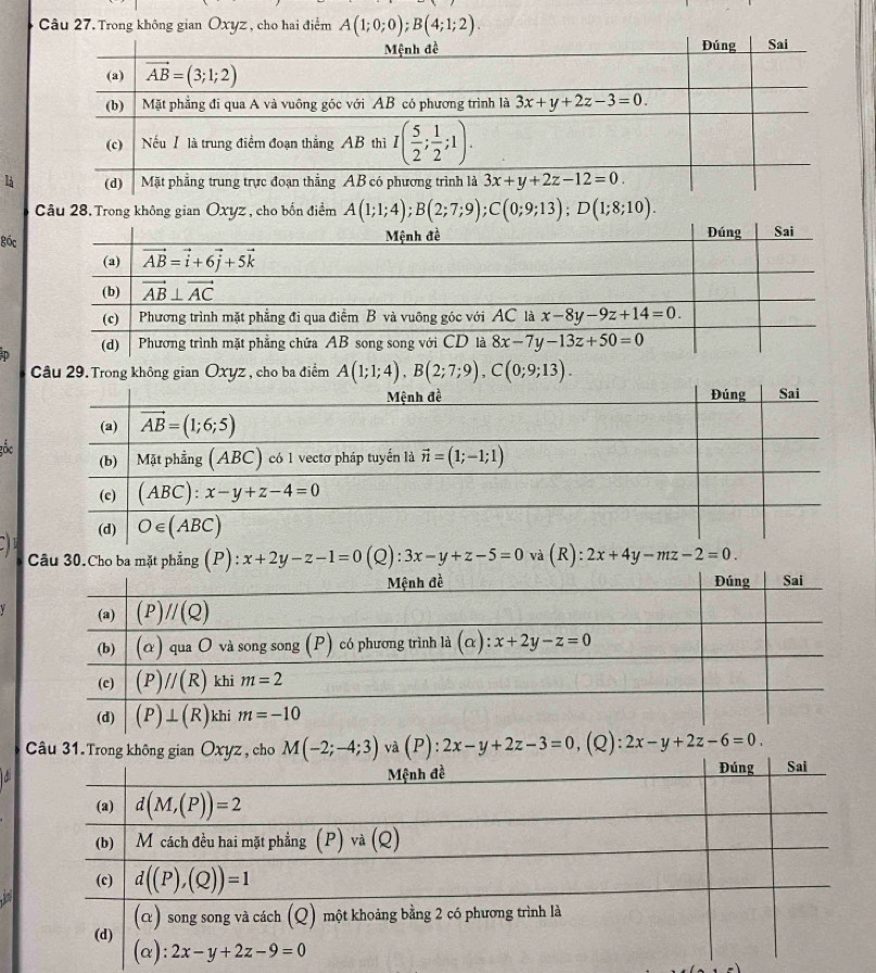 Trong không gian Oxyz , cho hai điểm A(1;0;0);B(4;1;2).
là
Câu 28. Trong kh, cho bốn điểm A(1;1;4);B(2;7;9);C(0;9;13);D(1;8;10).
góc
D
Câu 29. Trong không gian Oxyz , cho ba điểm A(1;1;4),B(2;7;9),C(0;9;13).
gốc
Câu 30.Cho ba mặt phẳng (P ): x+2y-z-1=0(Q):3x-y+z-5=0 và (R) 2x+4y-mz-2=0.
và (P):2x-y+2z-3=0, (Q): 2x-y+2z-6=0.