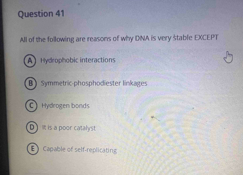 All of the following are reasons of why DNA is very stable EXCEPT
A Hydrophobic interactions
BSymmetric-phosphodiester linkages
C Hydrogen bonds
D It is a poor catalyst
E Capable of self-replicating