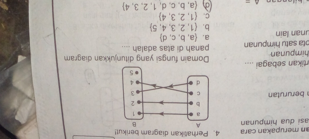 an merupakan cara 4. Perhatikan diagram berikut!
asi dua himpunan
berurutan 
rtikan sebagai ....
Domain fungsi yang ditunjukkan diagram
himpunan
ota satu himpunan
panah di atas adalah ....
unan lain
a.  a,b,c,d
b.  1,2,3,4,5
C.  1,2,3,4
A=
d  a,b,c,d,1,2,3,4