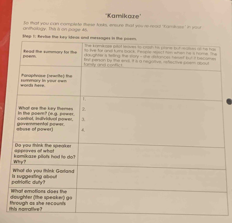 ‘Kamikaze’ 
So that you can complete these tasks, ensure that you re-read ‘Kamikaze’ in your 
anthology. This is on page 46. 
Step 1: Re