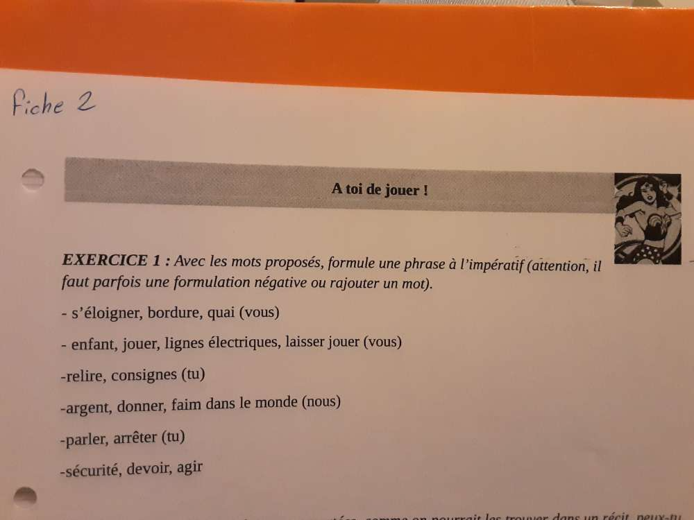 A toi de jouer ! 
EXERCICE 1 : Avec les mots proposés, formule une phrase à l'impératif (attention, il 
faut parfois une formulation négative ou rajouter un mot). 
S' *éloigner, bordure, quai (vous) 
- enfant, jouer, lignes électriques, laisser jouer (vous) 
-relire, consignes (tu) 
-argent, donner, faim dans le monde (nous) 
-parler, arrêter (tu) 
-sécurité, devoir, agir