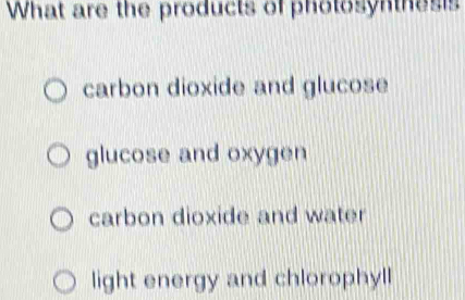 What are the products of photosynthesis
carbon dioxide and glucose
glucose and oxygen
carbon dioxide and water
light energy and chlorophyll