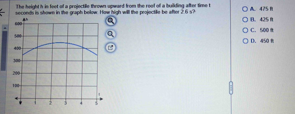 The height h in feet of a projectile thrown upward from the roof of a building after time t
seconds is shown in the graph below. How high will the projectile be after 2.6 s? A. 475 ft
B. 425 ft
C. 500 ft
D. 450 ft
B