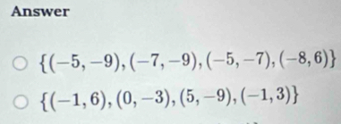 Answer
 (-5,-9),(-7,-9),(-5,-7),(-8,6)
 (-1,6),(0,-3),(5,-9),(-1,3)