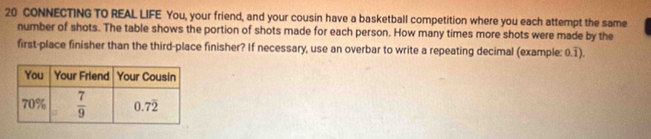 CONNECTING TO REAL LIFE You, your friend, and your cousin have a basketball competition where you each attempt the same
number of shots. The table shows the portion of shots made for each person. How many times more shots were made by the
first-place finisher than the third-place finisher? If necessary, use an overbar to write a repeating decimal (example: 0.1).