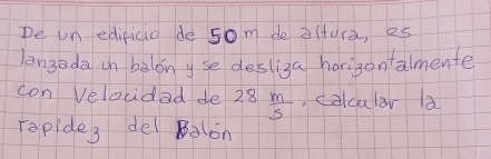 De un edificio de 5om de altura, es 
langoda in belonyse desliza horigontalmente 
con veloudad de 28 m/5 .colcular a 
ropides de Balón