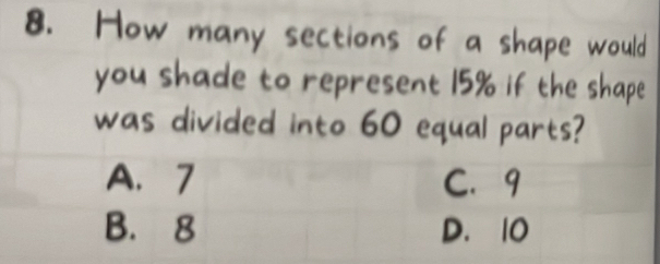Solved: How many sections of a shape would you shade to represent 15% ...