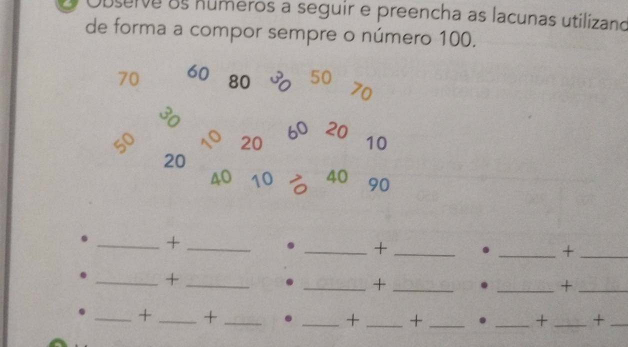 Observe os números a seguir e preencha as lacunas utilizano 
de forma a compor sempre o número 100.
70 60 80 30 50
70
60 20
5o
o 20 10
20
40 10 40 90
__+ 
__+ 
__+ 
__+ 
__+ 
__+ 
_+ _+_ 
_+ _+_ 
. _+ _+_