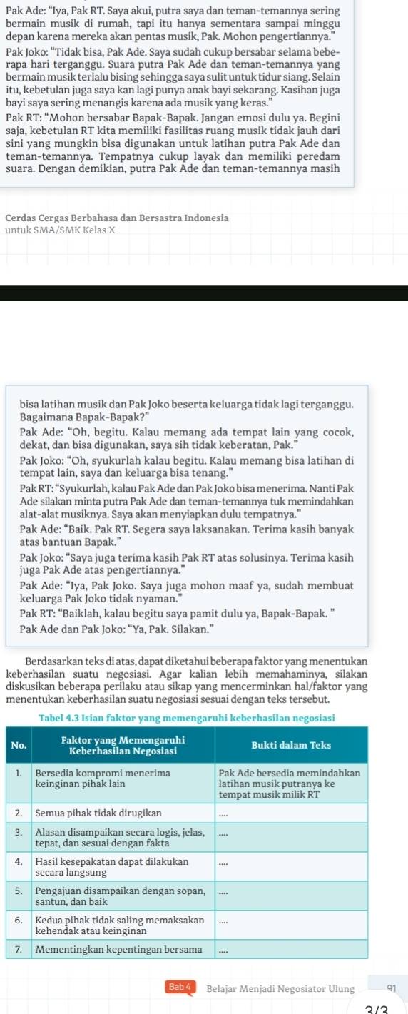 Pak Ade: “Iya, Pak RT. Saya akui, putra saya dan teman-temannya sering
bermain musik di rumah, tapi itu hanya sementara sampai minggu
depan karena mereka akan pentas musik, Pak. Mohon pengertiannya."
Pak Joko: “Tidak bisa, Pak Ade. Saya sudah cukup bersabar selama bebe-
rapa hari terganggu. Suara putra Pak Ade dan teman-temannya yang
bermain musik terlalu bising sehingga saya sulit untuk tidur siang. Selain
itu, kebetulan juga saya kan lagi punya anak bayi sekarang. Kasihan juga
bayi saya sering menangis karena ada musik yang keras."
Pak RT: “Mohon bersabar Bapak-Bapak. Jangan emosi dulu ya. Begini
saja, kebetulan RT kita memiliki fasilitas ruang musik tidak jauh dari
sini yang mungkin bisa digunakan untuk latihan putra Pak Ade dan
teman-temannya. Tempatnya cukup layak dan memiliki peredam
suara. Dengan demikian, putra Pak Ade dan teman-temannya masih
Cerdas Cergas Berbahasa dan Bersastra Indonesia
untuk SMA/SMK Kelas X
bisa latihan musik dan Pak Joko beserta keluarga tidak lagi terganggu.
Bagaimana Bapak-Bapak?”
Pak Ade: “Oh, begitu. Kalau memang ada tempat lain yang cocok,
dekat, dan bisa digunakan, saya sih tidak keberatan, Pak.”
Pak Joko: “Oh, syukurlah kalau begitu. Kalau memang bisa latihan di
tempat lain, saya dan keluarga bisa tenang."
Pak RT: “Syukurlah, kalau Pak Ade dan Pak Joko bisa menerima. Nanti Pak
Ade silakan minta putra Pak Ade dan teman-temannya tuk memindahkan
alat-alat musiknya. Saya akan menyiapkan dulu tempatnya.”
Pak Ade: “Baik. Pak RT. Segera saya laksanakan. Terima kasih banyak
atas bantuan Bapak.”
Pak Joko: “Saya juga terima kasih Pak RT atas solusinya. Terima kasih
juga Pak Ade atas pengertiannya.”
Pak Ade: “Iya, Pak Joko. Saya juga mohon maaf ya, sudah membuat
keluarga Pak Joko tidak nyaman."
Pak RT: “Baiklah, kalau begitu saya pamit dulu ya, Bapak-Bapak. ”
Pak Ade dan Pak Joko: “Ya, Pak. Silakan.”
Berdasarkan teks di atas, dapat diketahui beberapa faktor yang menentukan
keberhasilan suatu negosiasi. Agar kalian lebih memahaminya, silakan
diskusikan beberapa perilaku atau sikap yang mencerminkan hal/faktor yang
menentukan keberhasilan suatu negosiasi sesuai dengan teks tersebut.
Tabel 4.3 Isia
N
Bab 4 Belajar Menjadi Negosiator Ulung 91
2 /2