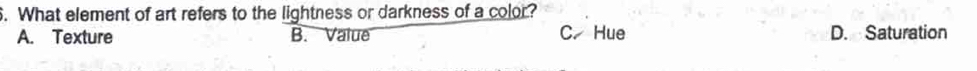 What element of art refers to the lightness or darkness of a color?
A. Texture B. Value C. Hue D. Saturation