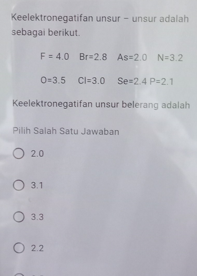 Keelektronegatifan unsur - unsur adalah
sebagai berikut.
F=4.0 Br=2.8 As=2.0 N=3.2
O=3.5 CI=3.0 Se=2.4P=2.1
Keelektronegatifan unsur belerang adalah
Pilih Salah Satu Jawaban
2.0
3.1
3.3
2.2