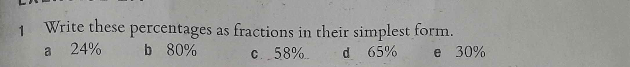 Write these percentages as fractions in their simplest form. 
a 24% b 80% d 65% e 30%
c 58%