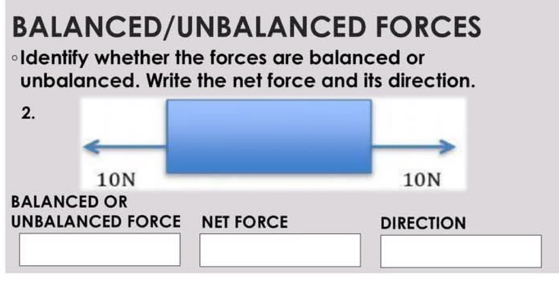 BALANCED/UNBALANCED FORCES 
◦Identify whether the forces are balanced or 
unbalanced. Write the net force and its direction. 
2. 
BALANCED OR 
UNBALANCED FORCE NET FORCE DIRECTION