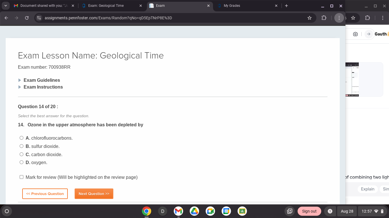 Document shared with you: J Exam: Geological Time Exam My Grades
assignments.pennfoster.com/Exams/Random?qNo=qD5EpTNrP8E%3D
Gauth
Exam Lesson Name: Geological Time
Exam number: 700938RR
Exam Guidelines
Exam Instructions
Question 14 of 20 :
Select the best answer for the question.
14. Ozone in the upper atmosphere has been depleted by
A. chlorofluorocarbons.
B. sulfur dioxide.
C. carbon dioxide.
D. oxygen.
Mark for review (Will be highlighted on the review page) of combining two ligh
Explain Sin
<< Previous Question Next Question >>
Sign out Aug 28