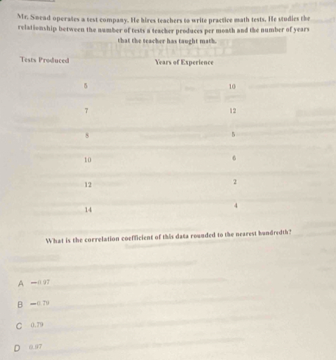 Mr. Snead operates a test company. He hires teachers to write practice math tests. He studies the
relationship between the number of tests a teacher produces per month and the number of years
that the teacher has taught math.
What is the correlation coefficient of this data rounded to the nearest hundredth?
A —0.97
B ( 79
C 0.79
0.97