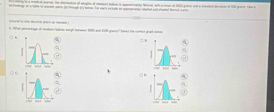 According to a medical journal, the distrbution of weights of newborn babies is approximately Normal, with a mean of 3410 grams and a standard deviation of 550 grams. Use a 
technology or a table to answer parts (a) through (c) below. For each include an appropriately labeled and shaded Normal curve 
(Kound to one decimal prace as needed) 
b. What percentage of newborn babies weigh between 3000 and 4100 grams? Select the correct graph below 
A. 
B. 



C. 
D.