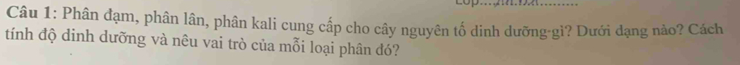 Phân đạm, phân lân, phân kali cung cấp cho cây nguyên tố dinh dưỡng-gì? Dưới dạng nào? Cách 
tính độ dinh dưỡng và nêu vai trò của mỗi loại phân đó?