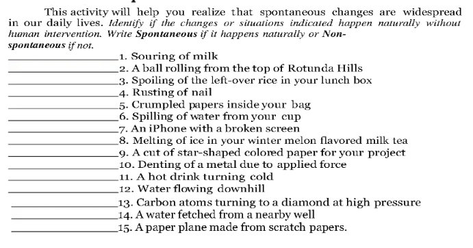 This activity will help you realize that spontaneous changes are widespread 
in our daily lives. Identify if the changes or situations indicated happen naturally without 
human intervention. Write Spontaneous if it happens naturally or Non- 
spontaneous if not. 
_1. Souring of milk 
_2. A ball rolling from the top of Rotunda Hills 
_3. Spoiling of the left-over rice in your lunch box 
_4. Rusting of nail 
_5. Crumpled papers inside your bag 
_6. Spilling of water from your cup 
_7. An iPhone with a broken screen 
_8. Melting of ice in your winter melon flavored milk tea 
_9. A cut of star-shaped colored paper for your project 
_10. Denting of a metal due to applied force 
_11. A hot drink turning cold 
_12. Water flowing downhill 
_13. Carbon atoms turning to a diamond at high pressure 
_14. A water fetched from a nearby well 
_15. A paper plane made from scratch papers.