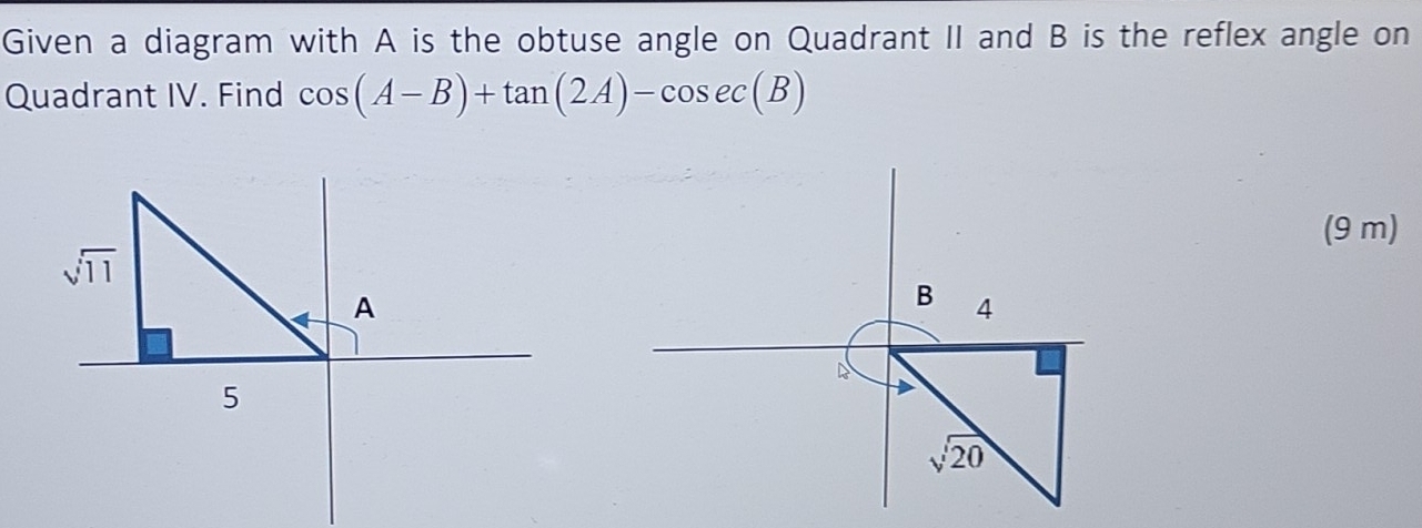 Given a diagram with A is the obtuse angle on Quadrant II and B is the reflex angle on
Quadrant IV. Find cos (A-B)+tan (2A)-cos ec(B)
(9 m)
sqrt(11)
A
B 4
5
sqrt(20)