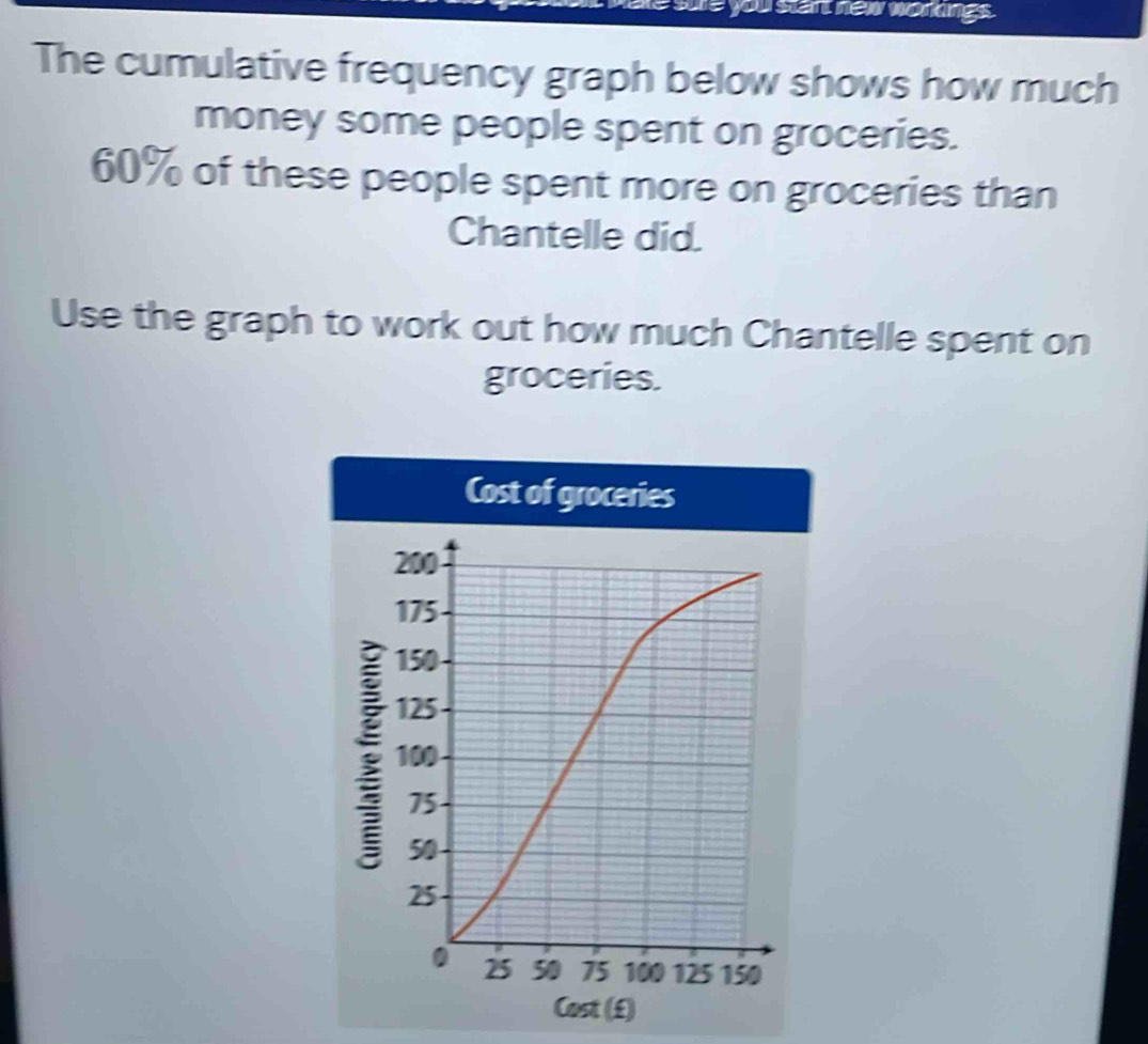 you sian new norings. 
The cumulative frequency graph below shows how much 
money some people spent on groceries.
60% of these people spent more on groceries than 
Chantelle did. 
Use the graph to work out how much Chantelle spent on 
groceries.