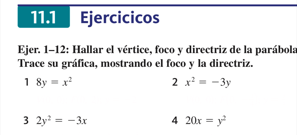 11.1 Ejercicicos 
Ejer. 1-12: Hallar el vértice, foco y directriz de la parábola 
Trace su gráfica, mostrando el foco y la directriz.
18y=x^2
2 x^2=-3y
3 2y^2=-3x
4 20x=y^2