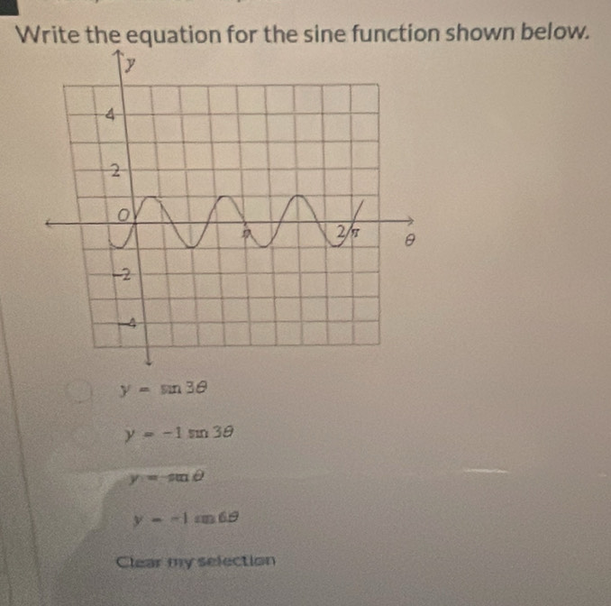 Write the equation for the sine function shown below.
y=sin 3θ
y=-1sin 3θ
y=-sin θ
y=-1m69
Clear my selection