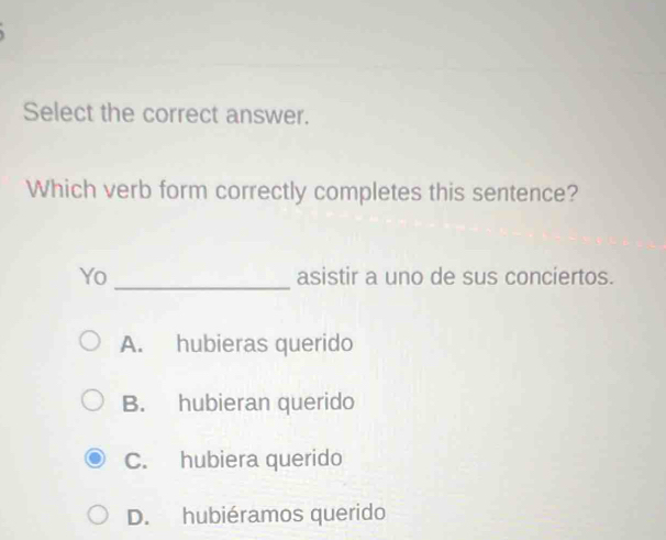 Solved: Select the correct answer. Which verb form correctly completes ...