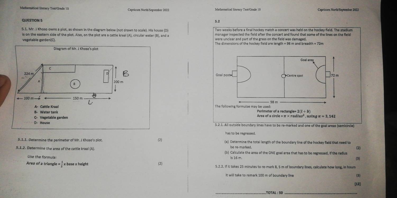 Solved: Mathematical literacy Test/Grade 10 Capricorn North/September ...