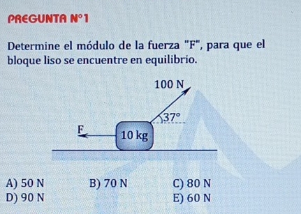 PREGUNTA N°1
Determine el módulo de la fuerza "F", para que el
bloque liso se encuentre en equilibrio.
A) 50 N B) 70 N C) 80 N
D) 90 N E) 60 N