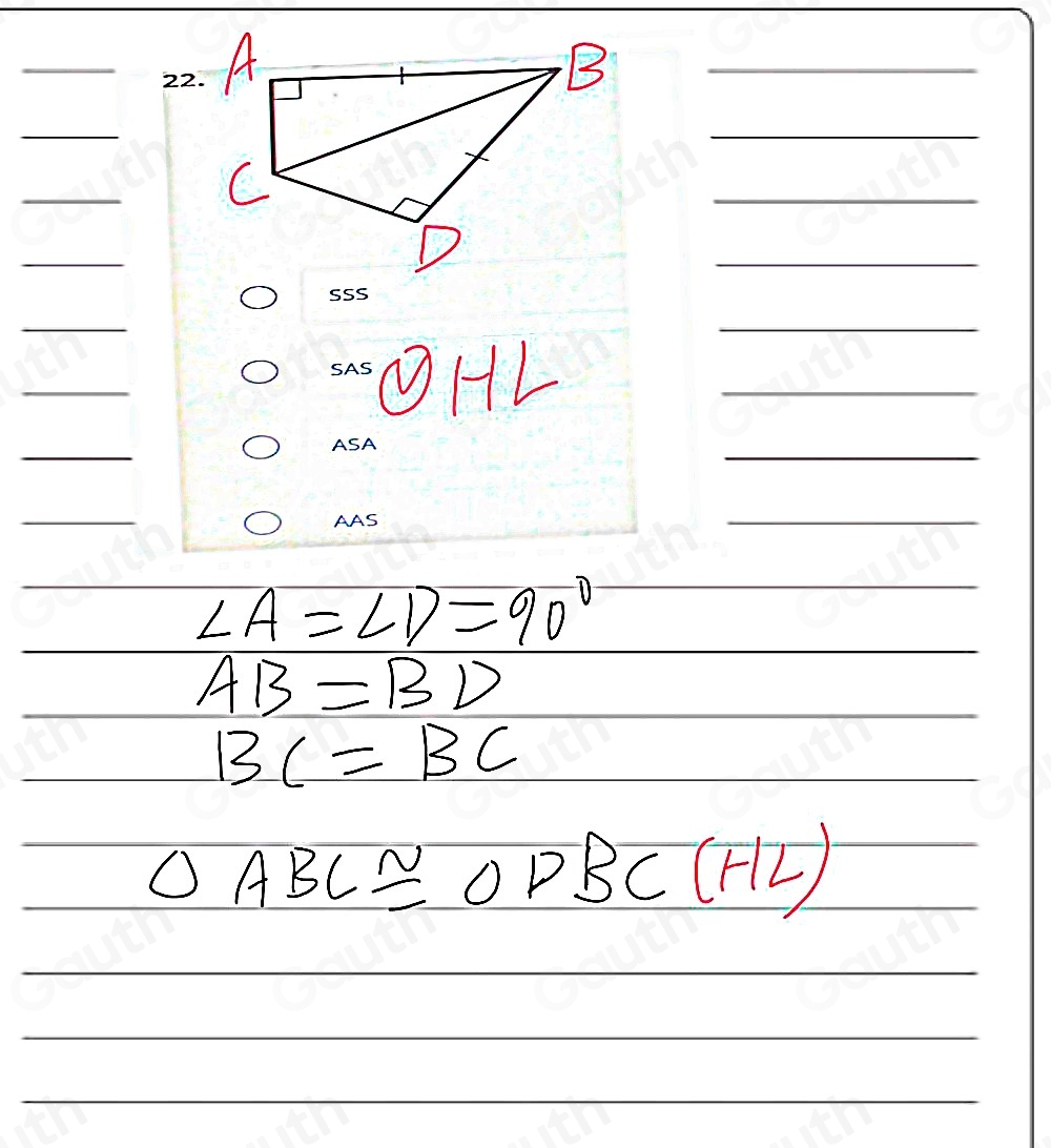 1-10

∠ A=∠ D=90°
AB=BD
BC=BC
△ ABC≌ △ DBC(HL)