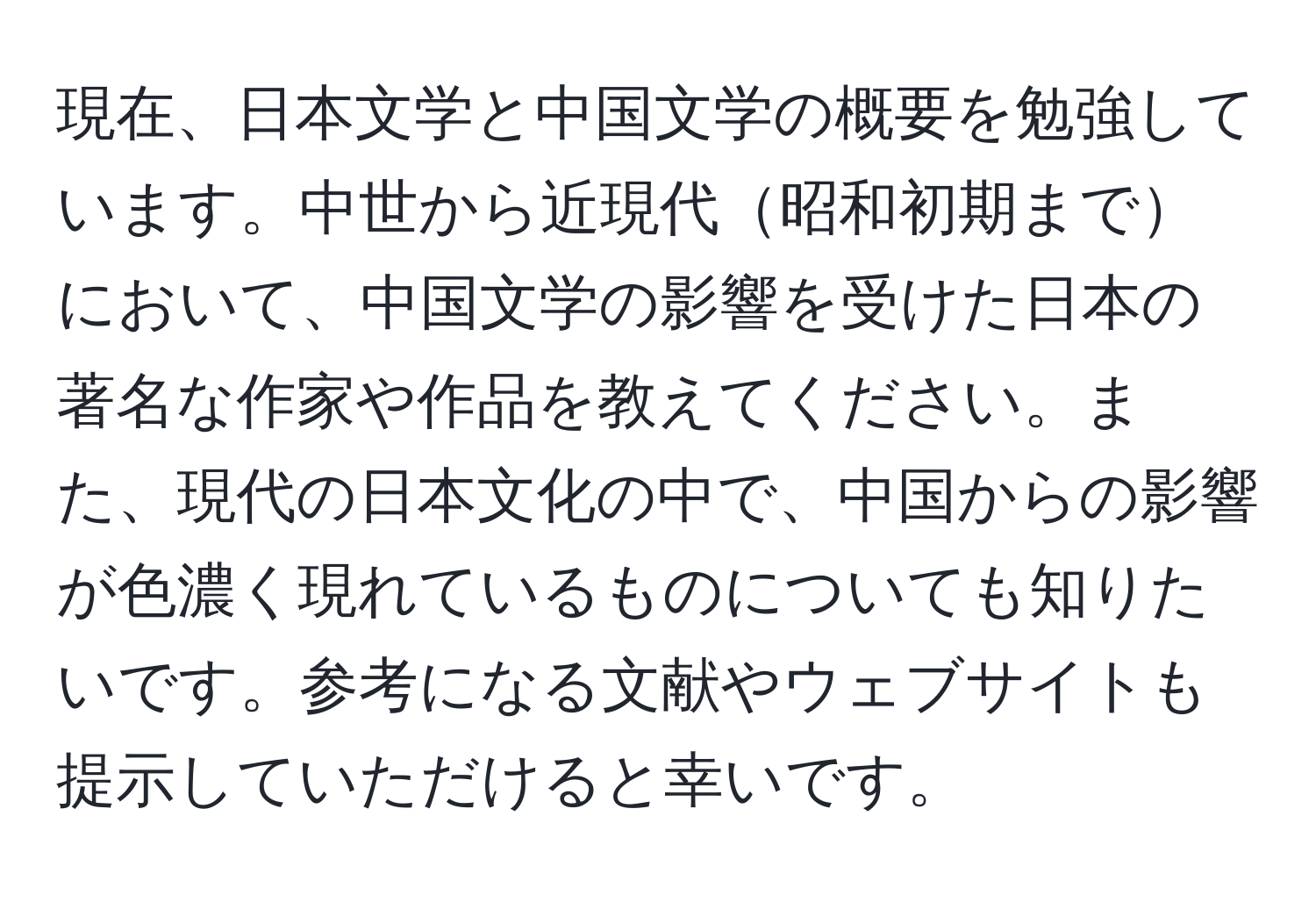 現在、日本文学と中国文学の概要を勉強しています。中世から近現代昭和初期までにおいて、中国文学の影響を受けた日本の著名な作家や作品を教えてください。また、現代の日本文化の中で、中国からの影響が色濃く現れているものについても知りたいです。参考になる文献やウェブサイトも提示していただけると幸いです。