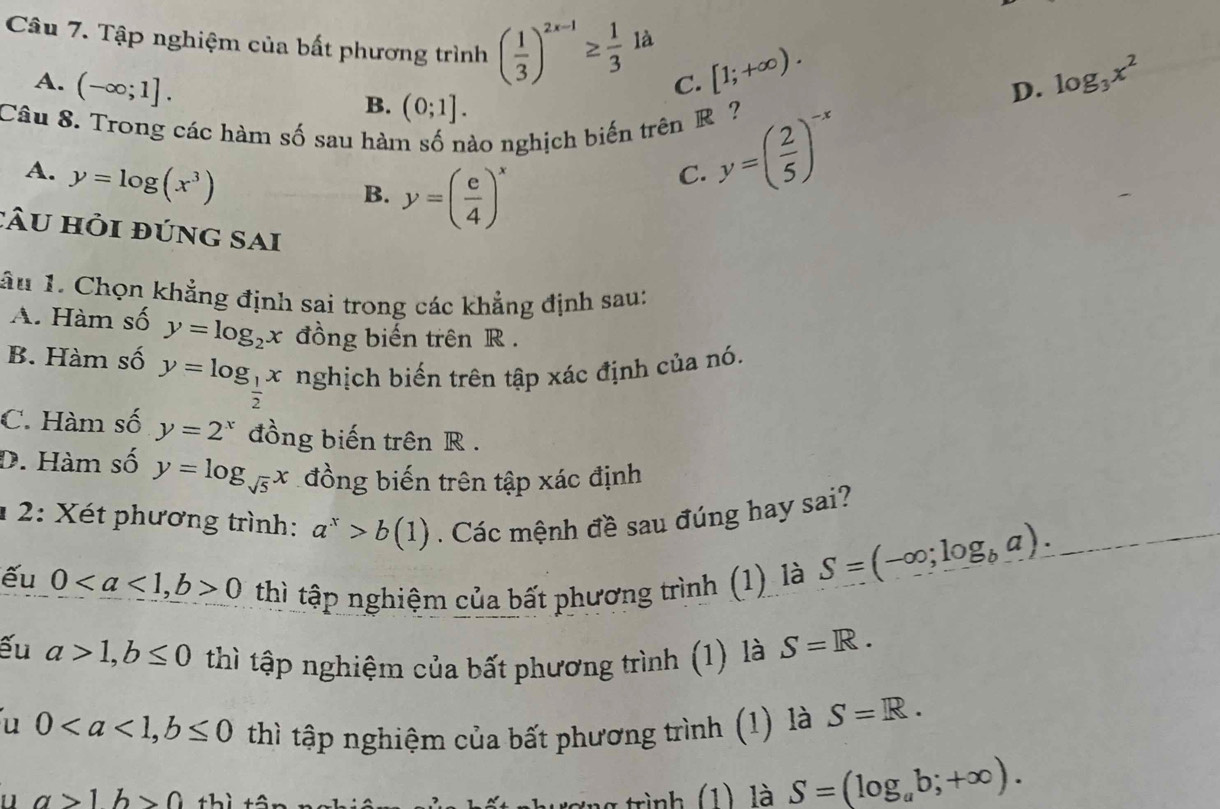 Tập nghiệm của bất phương trình ( 1/3 )^2x-1≥  1/3  là [1;+∈fty ).
A. (-∈fty ;1]. 
C.
B. (0;1].
D. log _3x^2
Câu 8. Trong các hàm số sau hàm số nào nghịch biến trên R ? y=( 2/5 )^-x
A. y=log (x^3)
B. y=( e/4 )^x
C.
:Âu hỏi đúng sai
ầu 1. Chọn khẳng định sai trong các khẳng định sau:
A. Hàm số y=log _2x đồng biến trên R.
B. Hàm số y=log _ 1/2 x nghịch biến trên tập xác định của nó.
C. Hàm số y=2^x đồng biến trên R.
D. Hàm số y=log _sqrt(5)x đồng biến trên tập xác định
1 2: Xét phương trình: a^x>b(1). Các mệnh đề sau đúng hay sai?
ếu 0, b>0 thì tập nghiệm của bất phương trình (1) là
S=(-∈fty ;log _ba).
ếu a>1, b≤ 0 thì tập nghiệm của bất phương trình (1) là S=R.
u 0, b≤ 0 thì tập nghiệm của bất phương trình (1) là S=R. 
' a>1b>0thi
l rình ( 1 là S=(log _ab;+∈fty ).