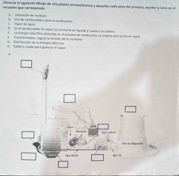 Observa el siguiente dibujo de una planta termoeléctrica y describe cada paso del proceso, escribe la letra en el
recuadro que corresponda
A. Liberación de residuos
B. Uso de combustibles para la combustión
C. Vapor de agua
D. En el condensador el vapor se convierte en liquido y vuelve a la caldera
E. La energía calorifica obtenida en el proceso de combustión se emplea para producir vapor
F. Transformador, regula la tensión de la corriente
G. Distribución de la energía eléctrica
H. Caldera usada para generar el vapor